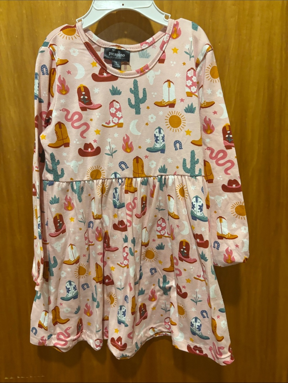 Picapino Girls' Pink Western Print Long Sleeve Casual Dress